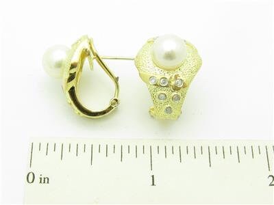 LIV 14kt Yellow Gold Diamond & Pearl Design French Back Diamond Stud Earrings Gift