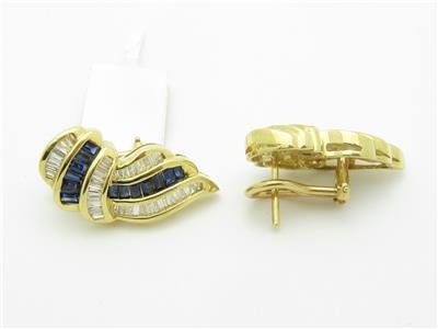 LIV 14k Yellow Gold & Diamonds Blue Sapphire Channel Set Design French Back Earrings