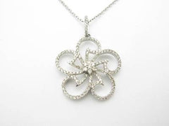 LIV 14kt Solid White Gold Genuine White Diamond Flower Design Halo Drop Necklace