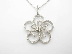 LIV 14kt Solid White Gold Genuine White Diamond Flower Design Halo Drop Necklace