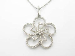 LIV 14kt Solid White Gold Genuine White Diamond Flower Design Halo Drop Necklace