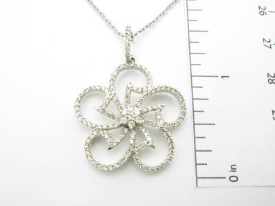 LIV 14kt Solid White Gold Genuine White Diamond Flower Design Halo Drop Necklace