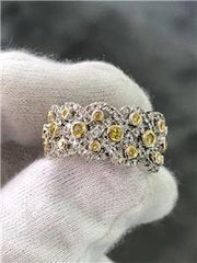 LIV 18k White Gold Genuine White Diamonds & Yellow Sapphire Pave Wide Band Ring Gift