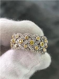 LIV 18k White Gold Genuine White Diamonds & Yellow Sapphire Pave Wide Band Ring Gift