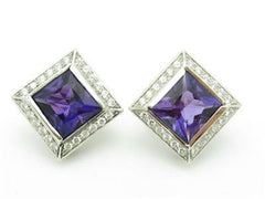 LIV 14k White Gold Diamonds Purple Amethyst Halo Design Square French Back Earrings