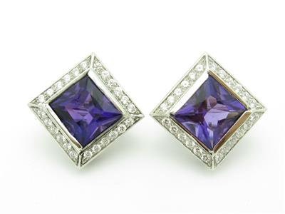 LIV 14k White Gold Diamonds Purple Amethyst Halo Design Square French Back Earrings