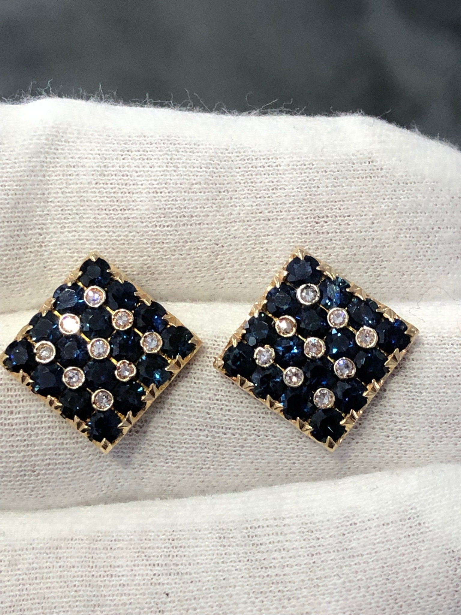 LIV 14k Yellow Gold & Natural Diamonds Ceylon Blue Sapphire Square Stud Earrings