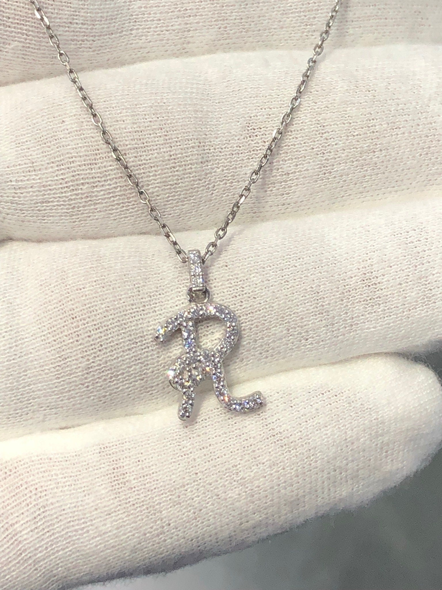 LIV 14k White Gold Natural Diamond 0.52ct G/VS1 Pave Initial R Script Necklace Gift