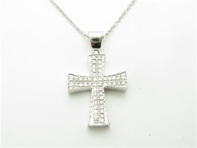 LIV 14k Solid White Gold Genuine Diamond Vintage Design Pave Cross Necklace