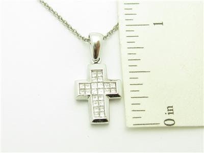 LIV 14k Solid White Gold Genuine Diamond Princess Cut Design Cross Necklace