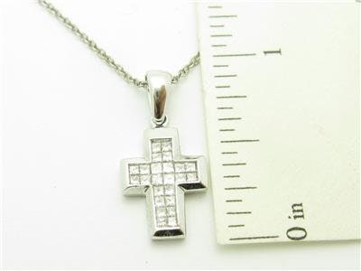 LIV 14k Solid White Gold Genuine Diamond Princess Cut Design Cross Necklace