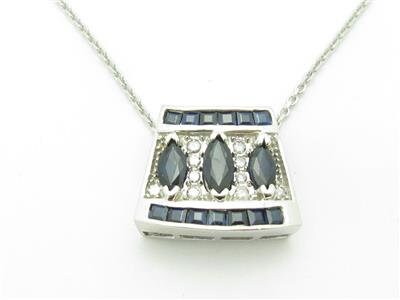 LIV 14k White Gold & Diamonds Blue Sapphire Deco Design Halo Necklace Gift