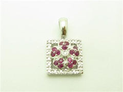 LIV 14k White Gold Genuine Red Ruby & Diamonds Square Vintage Design Halo Pendant