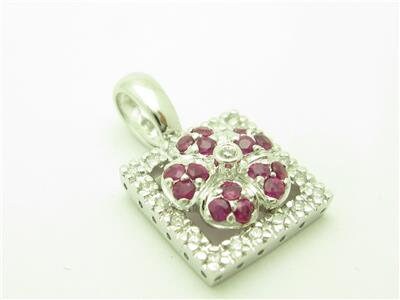 LIV 14k White Gold Genuine Red Ruby & Diamonds Square Vintage Design Halo Pendant