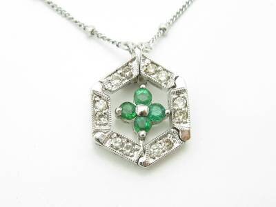 LIV 14kt White Gold Genuine White Diamond Green Emerald 2-in-1 Design Necklace Gift