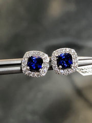LIV 14k White Gold Natural White Diamonds & Ceylon Blue Sapphire Cushion Cut Halo Design Stud Earrings