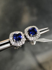 LIV 14k White Gold Natural White Diamonds & Ceylon Blue Sapphire Cushion Cut Halo Design Stud Earrings