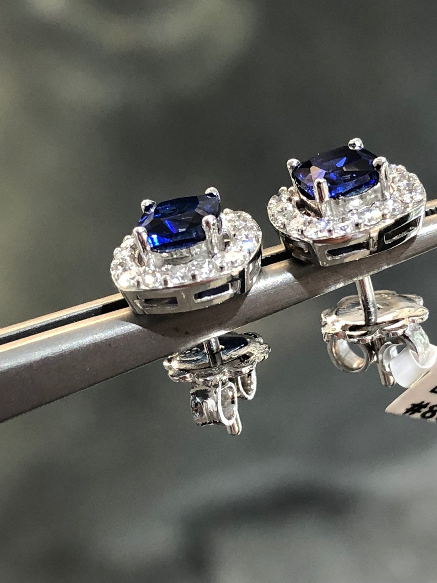 LIV 14k White Gold Natural White Diamonds & Ceylon Blue Sapphire Cushion Cut Halo Design Stud Earrings