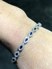 LIV Platinum Sterling Silver Blue & White Sapphire Marquise Halo Tennis Bracelet 7" Length Gift