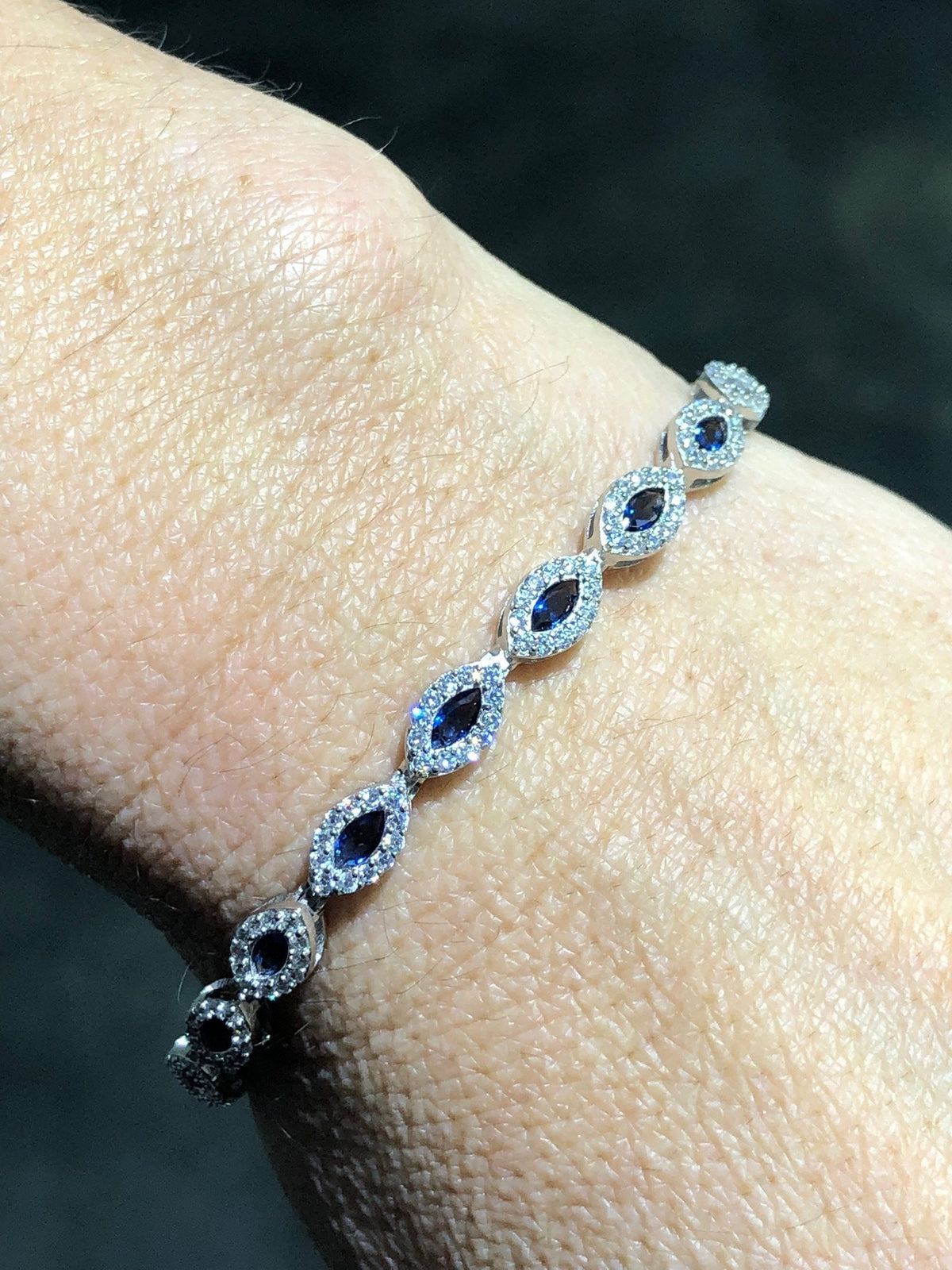 LIV Platinum Sterling Silver Blue & White Sapphire Marquise Halo Tennis Bracelet 7" Length Gift