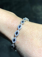 LIV Platinum Sterling Silver Blue & White Sapphire Marquise Halo Tennis Bracelet 7" Length Gift