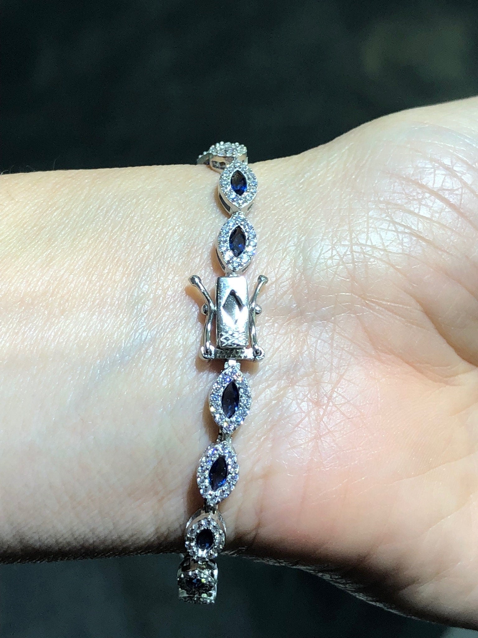 LIV Platinum Sterling Silver Blue & White Sapphire Marquise Halo Tennis Bracelet 7" Length Gift