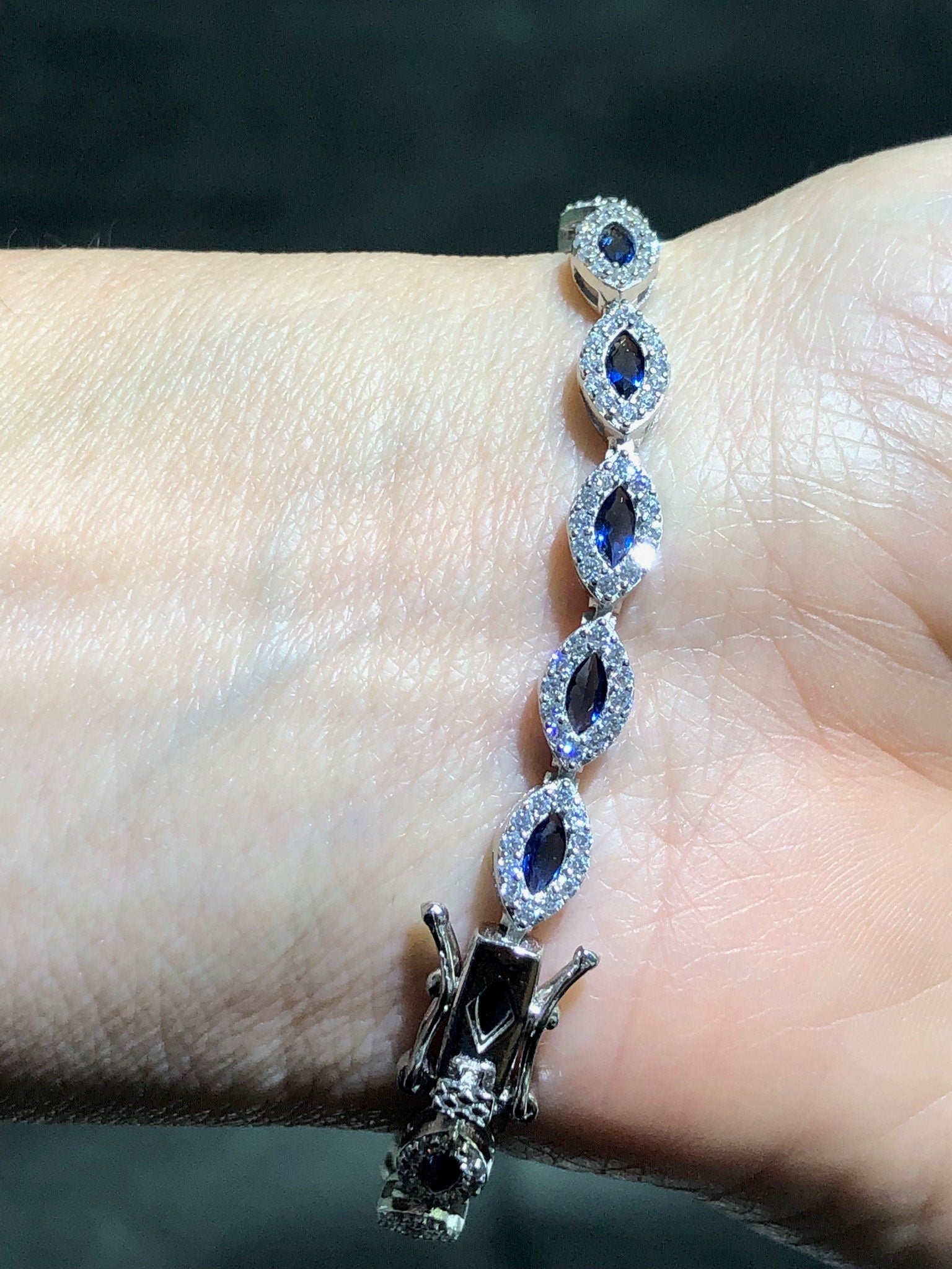 LIV Platinum Sterling Silver Blue & White Sapphire Marquise Halo Tennis Bracelet 7" Length Gift