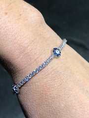 LIV Platinum Sterling Silver Blue & White Sapphire Flower Halo Tennis Bracelet 7" Length Gift