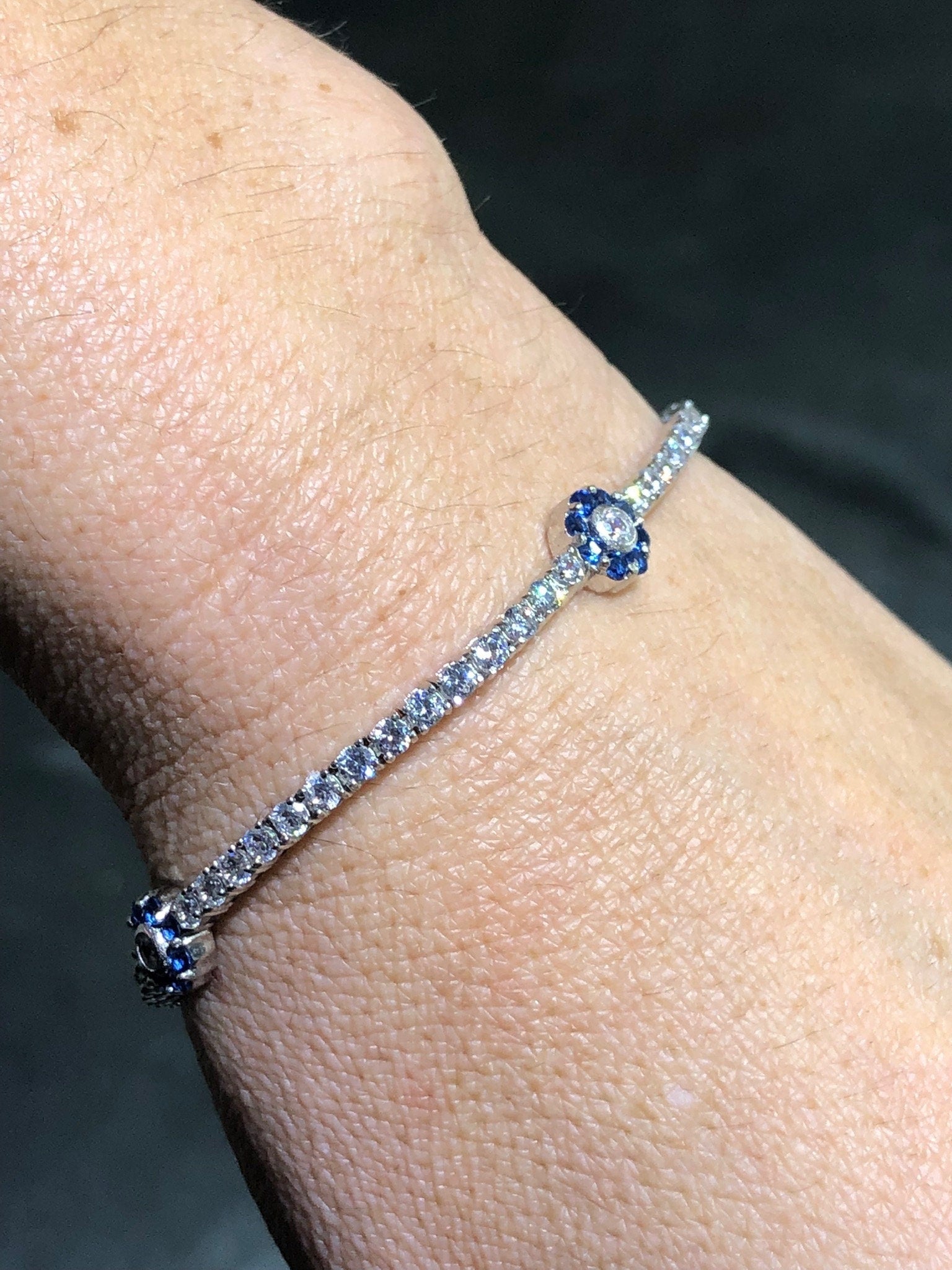 LIV Platinum Sterling Silver Blue & White Sapphire Flower Halo Tennis Bracelet 7" Length Gift