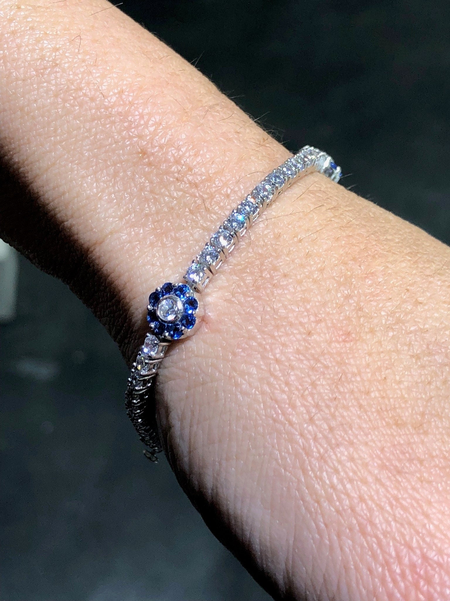 LIV Platinum Sterling Silver Blue & White Sapphire Flower Halo Tennis Bracelet 7" Length Gift