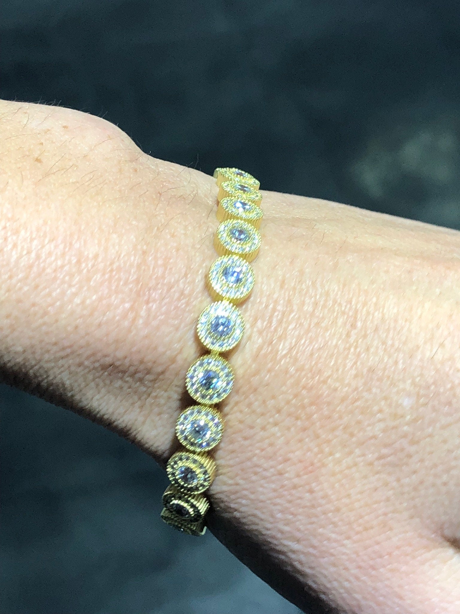 LIV 18k Yellow Gold Sterling Silver White Sapphire Round Halo Pave Tennis Bracelet 7" Length Gift