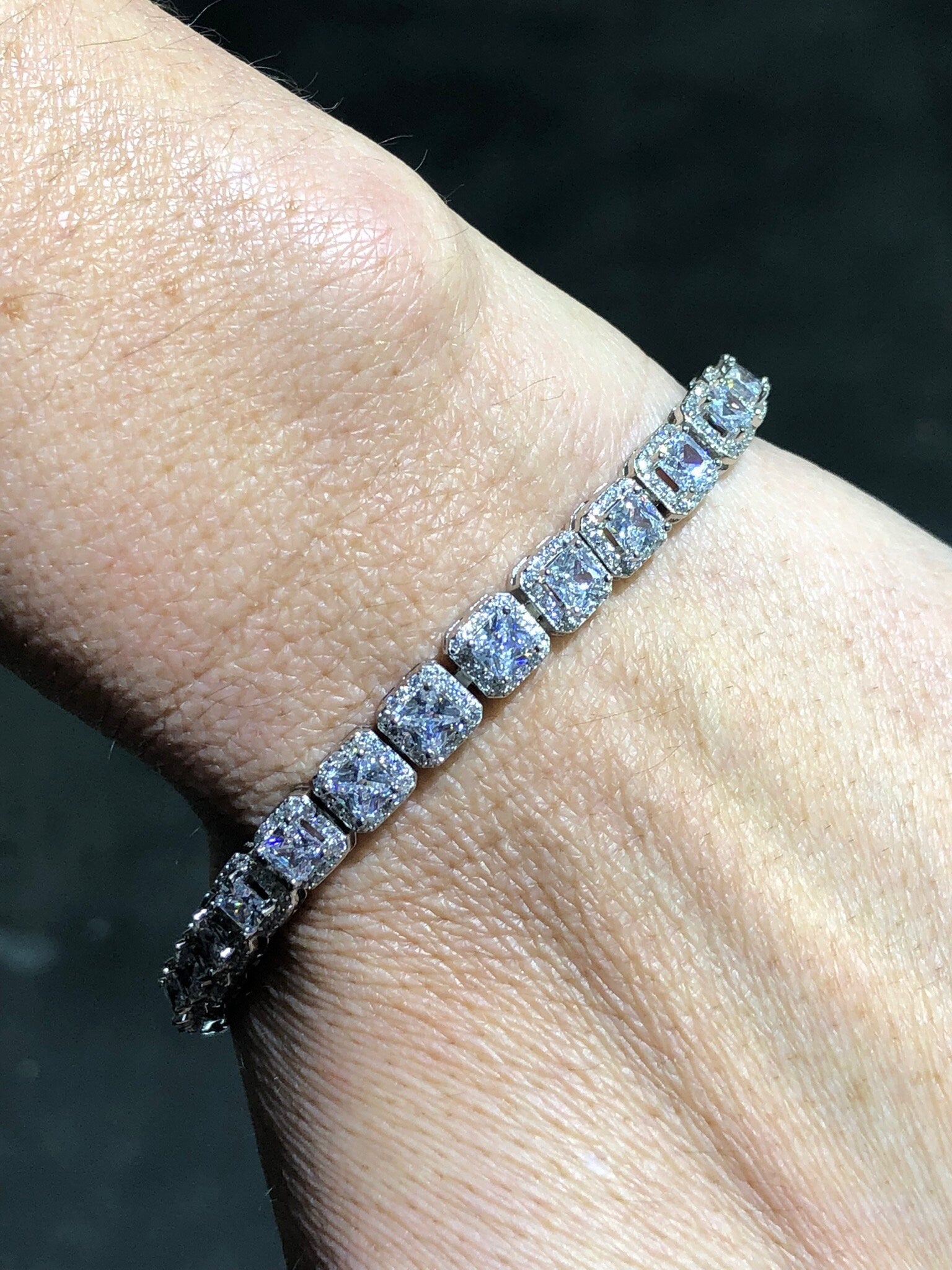 LIV Platinum Sterling Silver White Sapphire Cushion Cut Halo Pave Tennis Bracelet 7" Length Bridal Gift