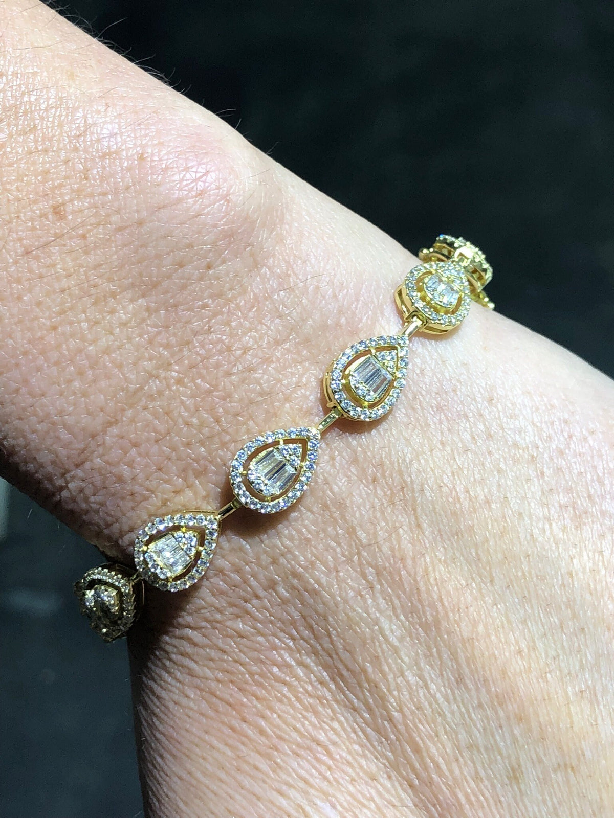 LIV 18k Yellow Gold Sterling Silver White Sapphire Baguette Cut Halo Pave Tennis Bracelet 7" Length Bridal Gift Bridal Gift