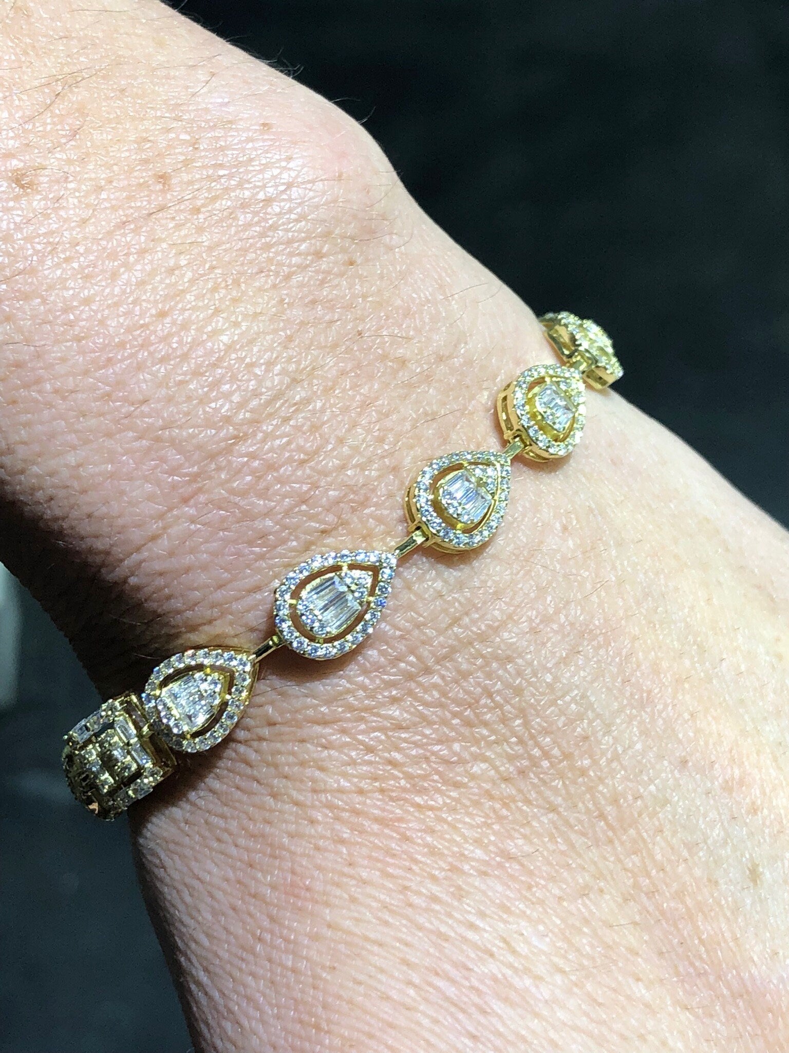 LIV 18k Yellow Gold Sterling Silver White Sapphire Baguette Cut Halo Pave Tennis Bracelet 7" Length Bridal Gift Bridal Gift