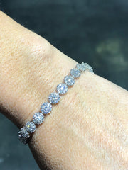 LIV Platinum Sterling Silver White Sapphire Pave Flower Halo Tennis Bracelet Gift 7" Length