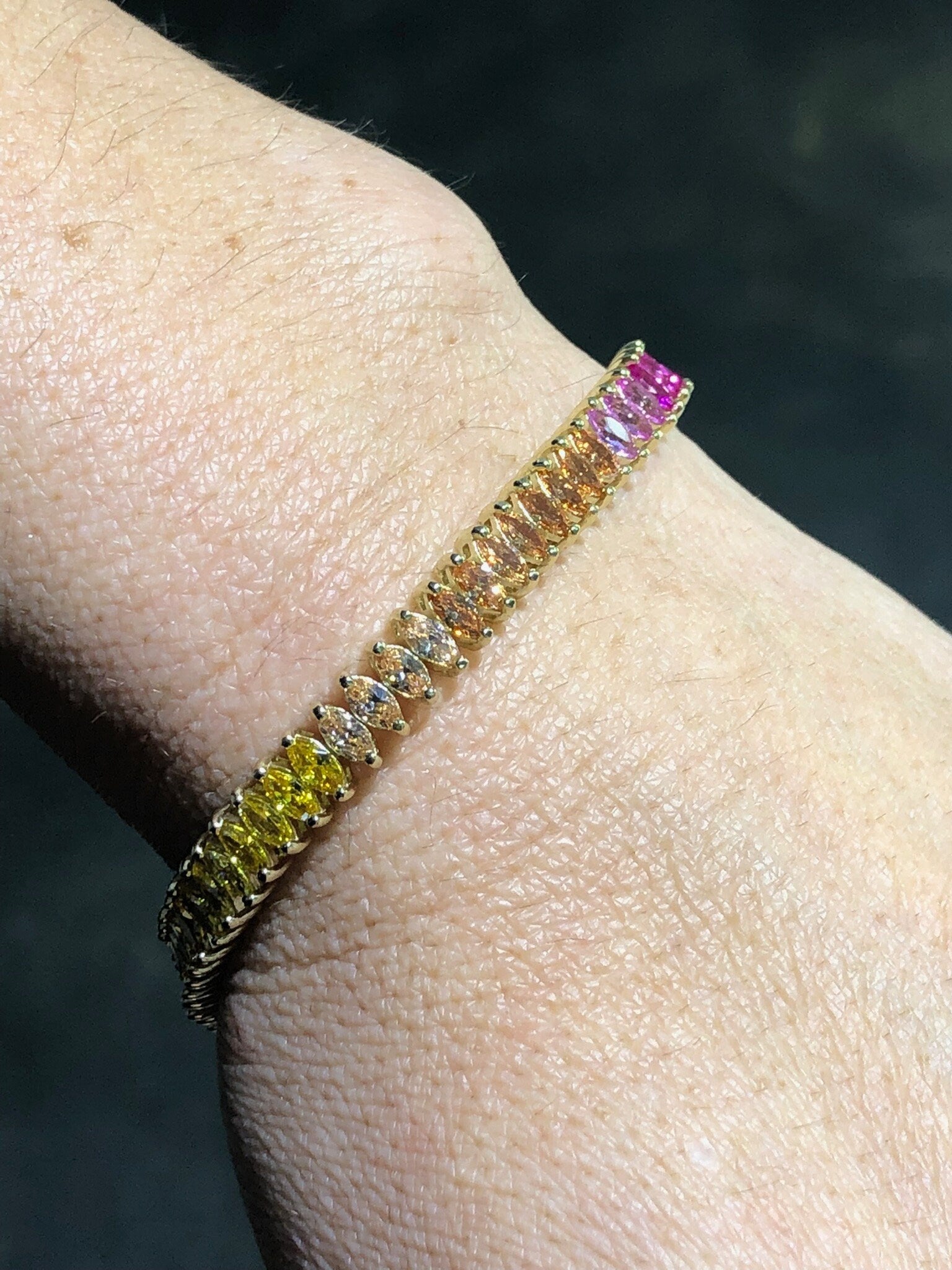 LIV 18k Yellow Gold Sterling Silver Rainbow Sapphire Marquise Tennis Bracelet 7" Length
