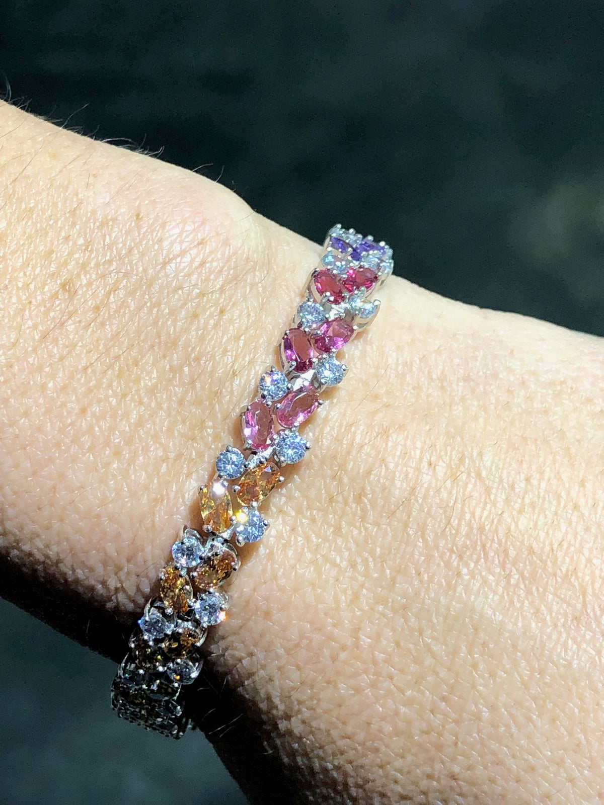 LIV Platinum Sterling Silver Rainbow Sapphire Marquise Design Unique Tennis Bracelet 7" Length