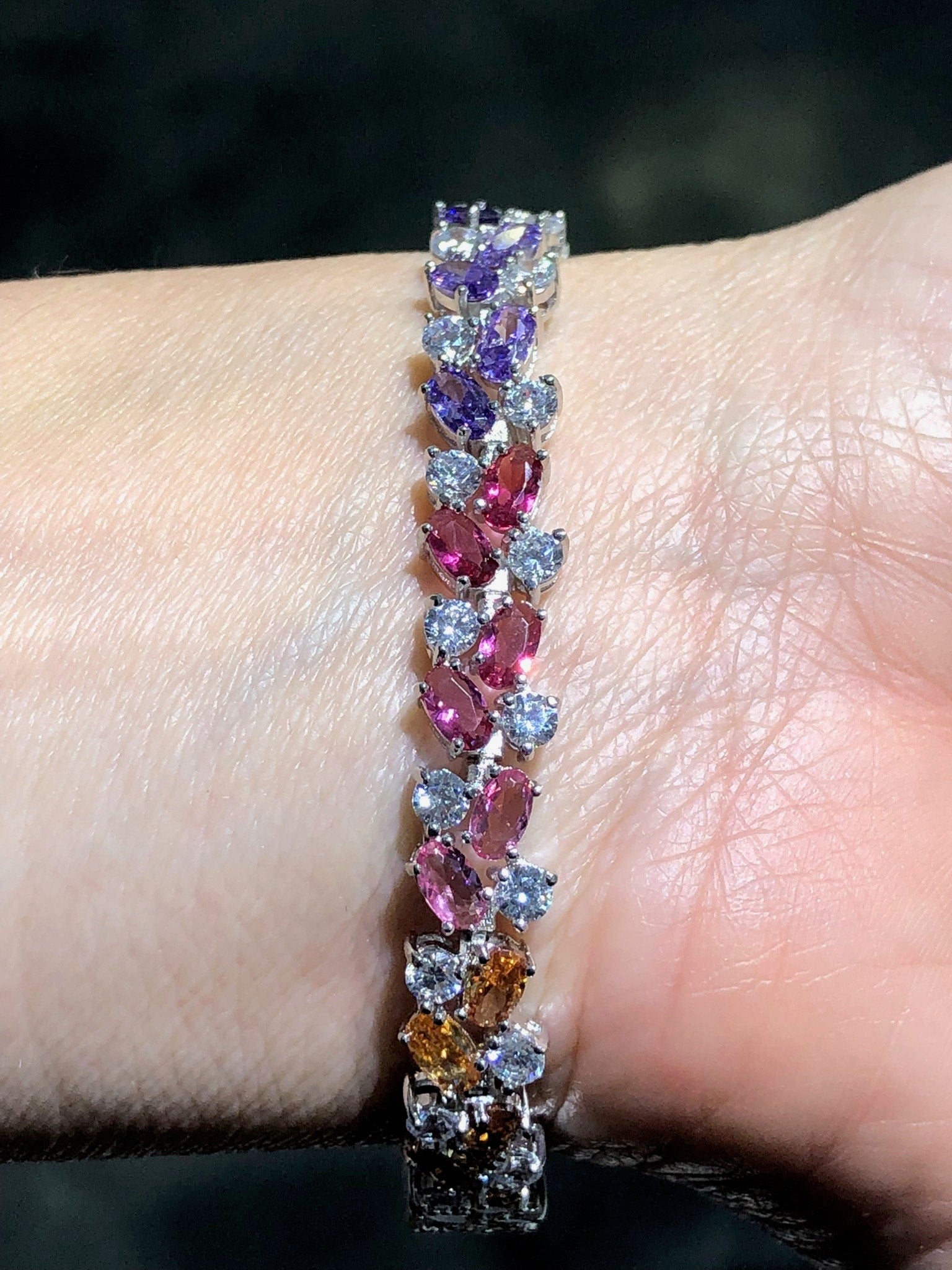 LIV Platinum Sterling Silver Rainbow Sapphire Marquise Design Unique Tennis Bracelet 7" Length