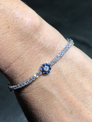 LIV Platinum Sterling Silver Blue & White Sapphire Flower Halo Tennis Bracelet 7" Length Gift