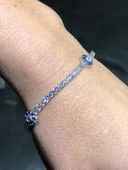 LIV Platinum Sterling Silver Blue & White Sapphire Flower Halo Tennis Bracelet 7" Length Gift