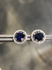 LIV 14k White Gold Natural Diamonds & Blue Sapphire Round Halo Design G/VS1 Stud Earrings Bridal Gift Wedding