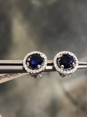 LIV 14k White Gold Natural Diamonds & Blue Sapphire Round Halo Design G/VS1 Stud Earrings Bridal Gift Wedding