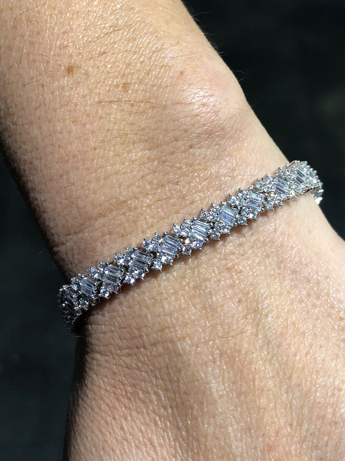 LIV Platinum Over Sterling Silver Round Cut White Sapphire Halo Design Baguette Tennis Bracelet Bridal Gift