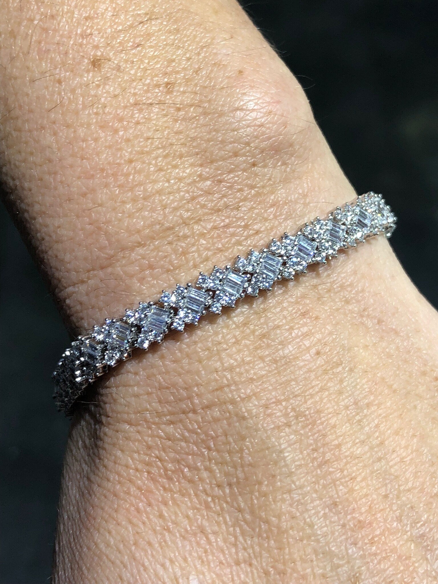 LIV Platinum Over Sterling Silver Round Cut White Sapphire Halo Design Baguette Tennis Bracelet Bridal Gift