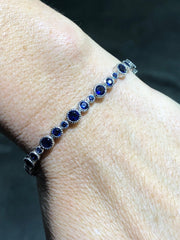 LIV Platinum Over Sterling Silver Round Cut Blue Sapphire Halo Design Tennis Bracelet Bridal Gift
