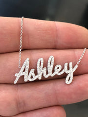 LIV 14k White Gold Natural Diamonds Custom Made Ashley Name Necklace Script Writing Any Name Available