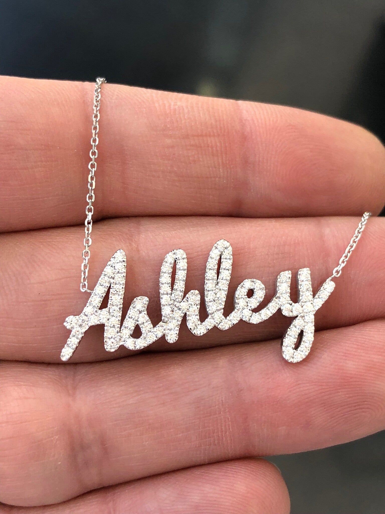 LIV 14k White Gold Natural Diamonds Custom Made Ashley Name Necklace Script Writing Any Name Available