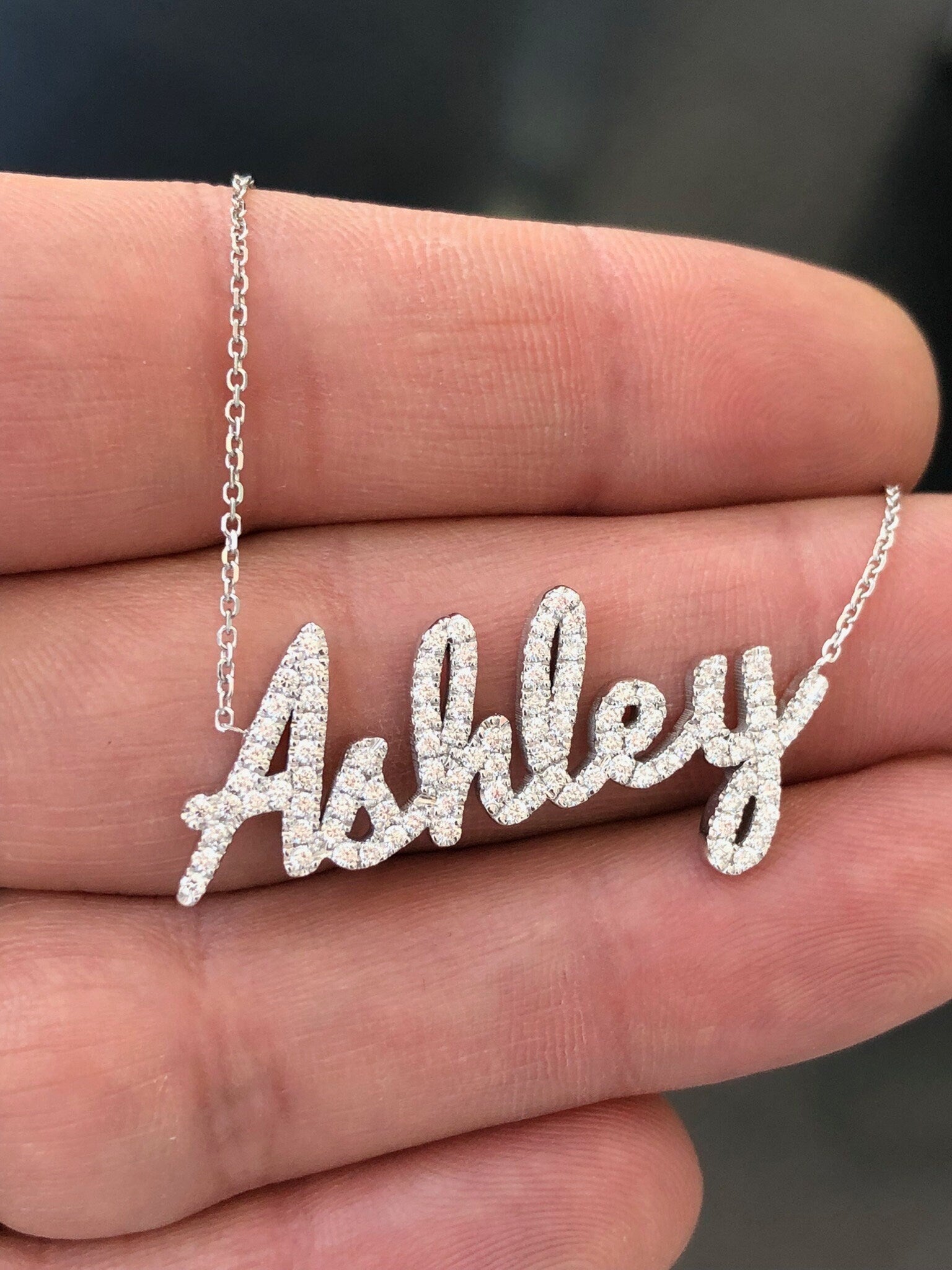 LIV 14k White Gold Natural Diamonds Custom Made Ashley Name Necklace Script Writing Any Name Available