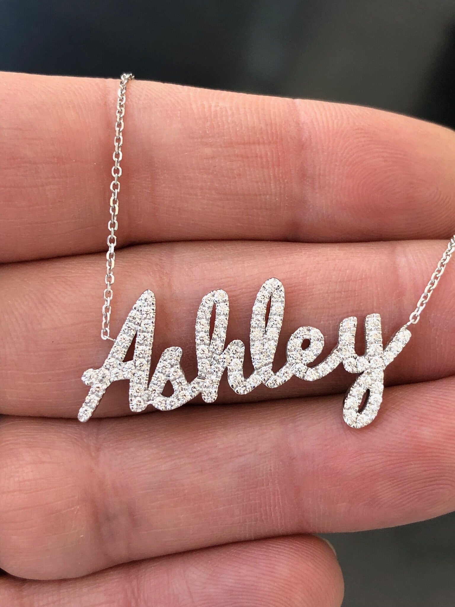 LIV 14k White Gold Natural Diamonds Custom Made Ashley Name Necklace Script Writing Any Name Available