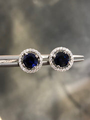 LIV 14k White Gold Natural Diamonds & Blue Sapphire Round Halo Design G/VS1 Stud Earrings Bridal Gift Wedding